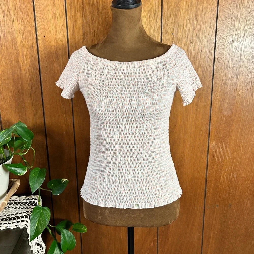 y2k Art Class Girls XL 14/16 Smocked‎ Floral Top Pastel Short Lettuce Edge Hem